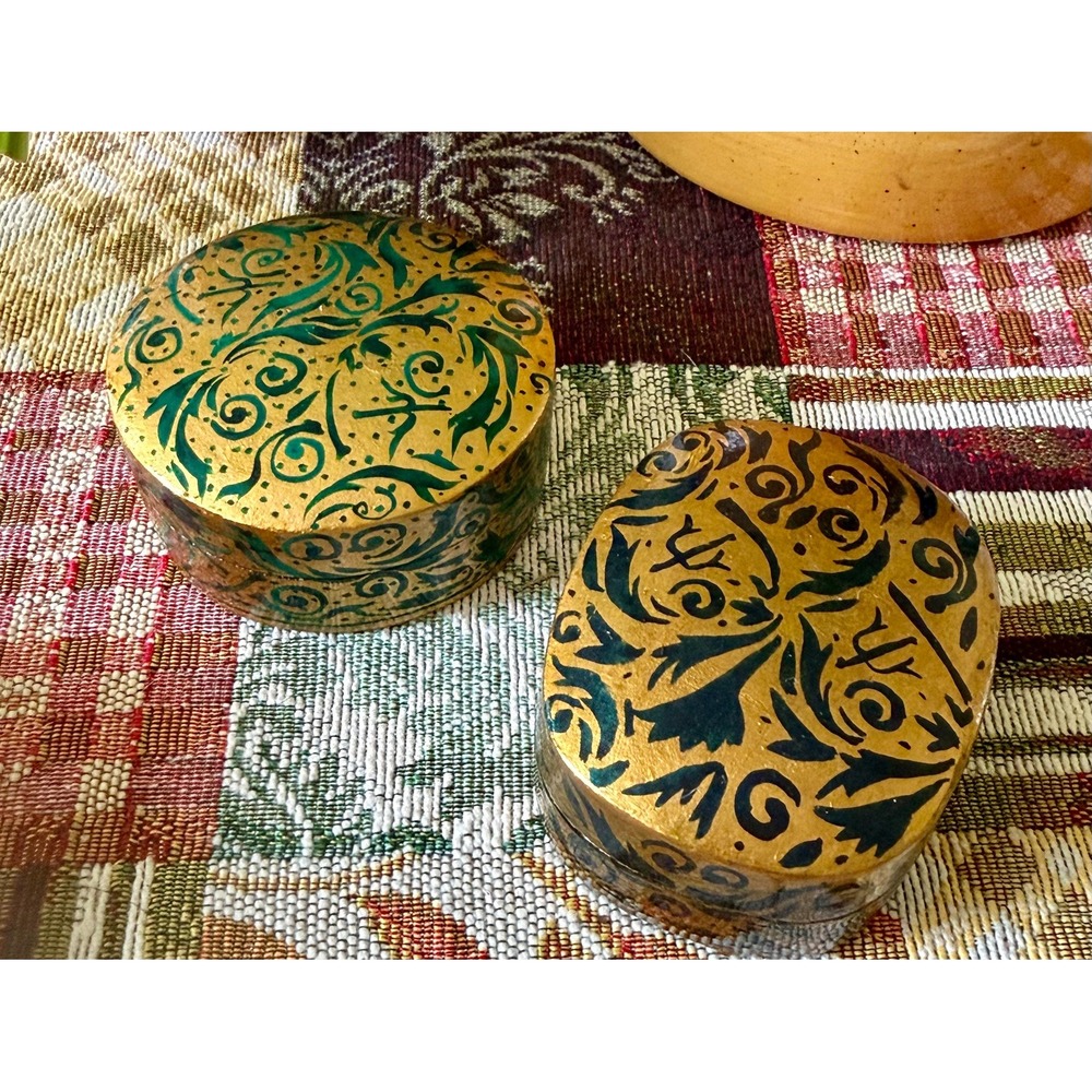 Vintage Hand-Painted Paper Mache Trinket Boxes: Gold Green Floral Scroll